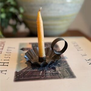 Vintage Miniature candle in tin. Hand dipped bees wax candle